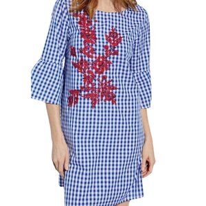 Chelsea & Theodore Gingham Blue White Floral Cotton Embroidered Dress Women's XL